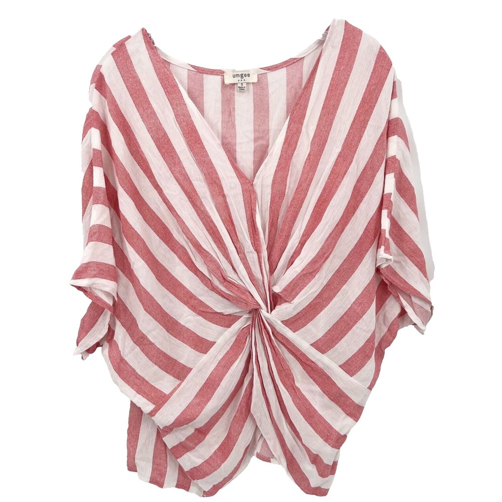 UMGEE Women's Size S Dolman Sleeve V-Neck Salmon & White Striped Twist-Front Top
